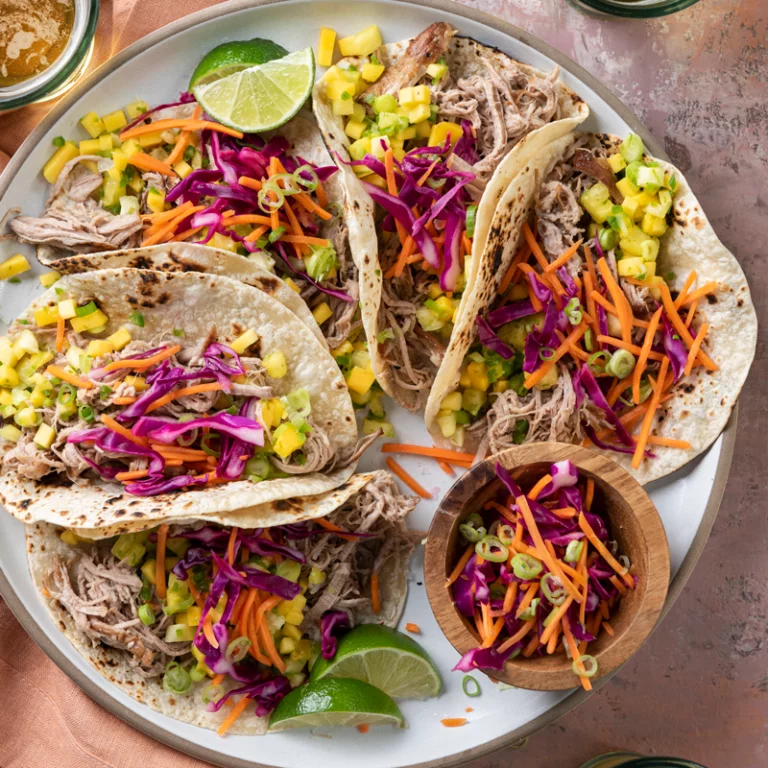 Shredded pork tacos topped with carrot-cabbage slaw and mango salsa, served on a wooden cutting board.