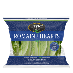 A blue Taylor Farms package of 6 romaine hearts