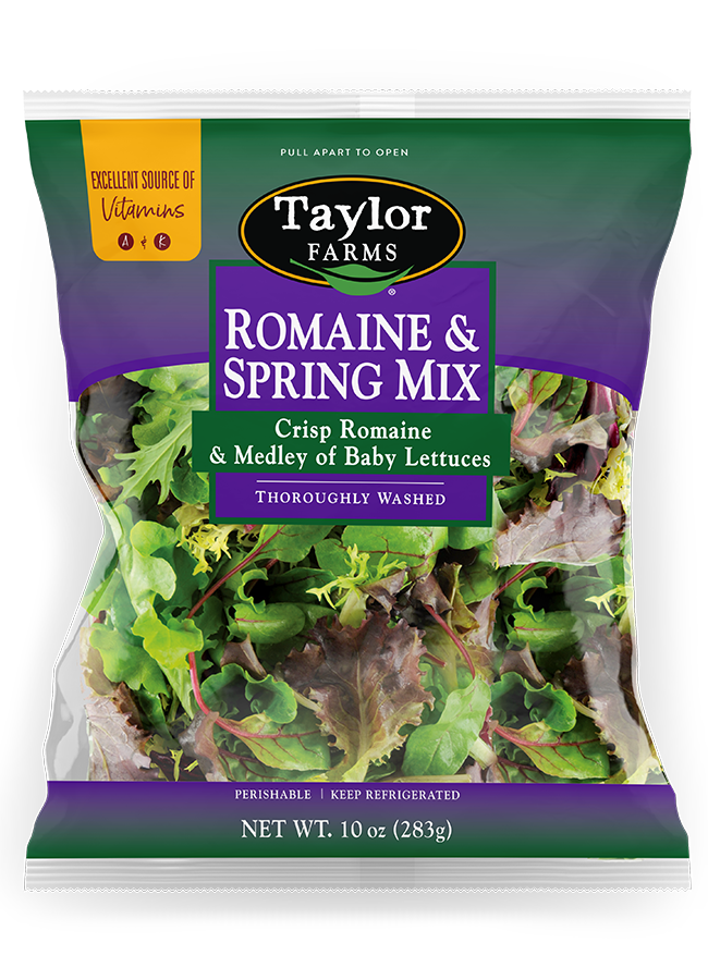 The Taylor Farms Romaine and Spring Mix salad blend, with crisp romaine lettuce and a medley of baby lettuces.