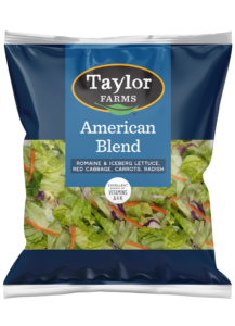 The Taylor Farms American Blend Salad, with romaine and iceberg lettuce, red cabbage, carrot, and radish.