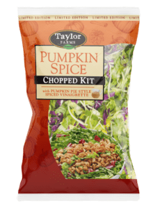 The Pumpkin Spice Chopped Salad Kit with romaine, radicchio, spiced cinnamon pumpkin seeds, pumpkin-spiced cornbread, and pumpkin pie-spiced vinaigrette inside.