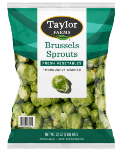 The Taylor Farms Brussels Sprouts package showing fresh whole Brussels sprouts in a sealed plastic bag.