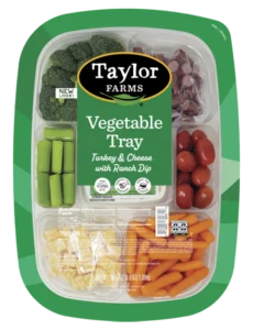 Vegetable and cheese tray with turkey, featuring 38 oz lidded packaging for fresh, convenient snacking options.