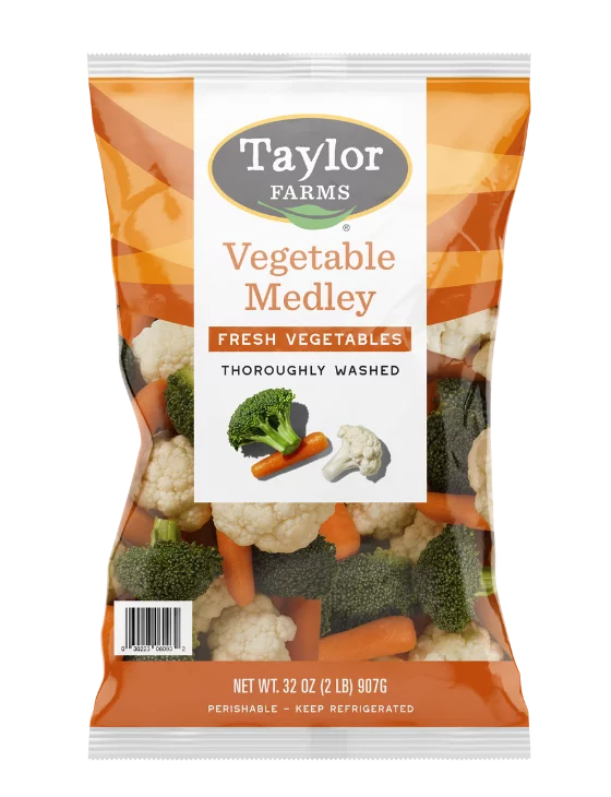 A 32-ounce package of Taylor Farms Vegetable Medley, with fresh raw carrots, broccoli, and cauliflower