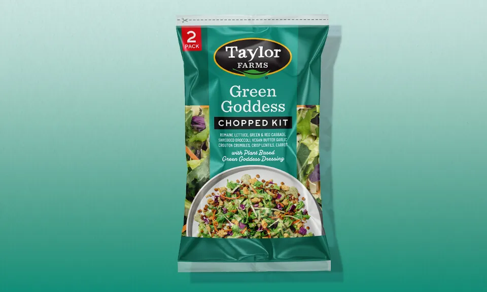 Green Goddess Chopped Kit from Taylor Farms featuring fresh greens, vibrant vegetables, and a creamy dressing.