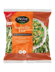 Nashville hot mini chopped salad kit by Taylor Farms featuring fresh greens, spicy flavors, and savory toppings.