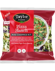 Taylor Farms Pizza Ranch mini chopped salad kit featuring fresh greens, carrots, and dressing, perfect for a quick meal.