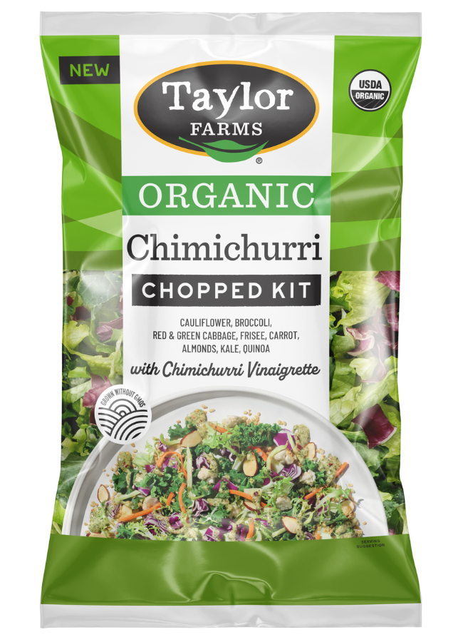 The Organic Chimichurri Chopped Salad Kit package with green leaf lettuce, organic green & red cabbage, broccoli, cauliflower, chicory, carrots, kale, toasted quinoa & sliced almonds, with chimichurri vinaigrette