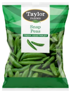 The bag of fresh Taylor Farms Snap Peas in a sealed package.