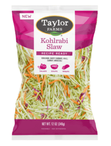 The Taylor Farms Kohlrabi Slaw package, showing shredded kohlrabi, savoy cabbage, kale, carrot, and broccoli.