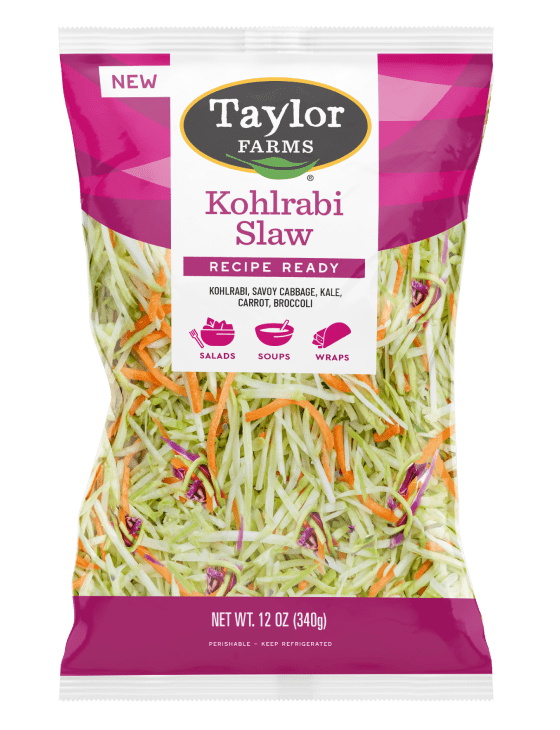 The Taylor Farms Kohlrabi Slaw package, showing shredded kohlrabi, savoy cabbage, kale, carrot, and broccoli.