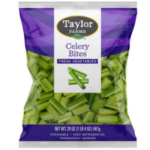 The Taylor Farms Celery Bites package, showing pieces of cut-up celery.