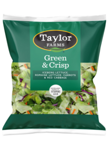 The Taylor Farms Green & Crisp package, showing chopped iceberg lettuce, romaine lettuce, carrots, and red cabbage.