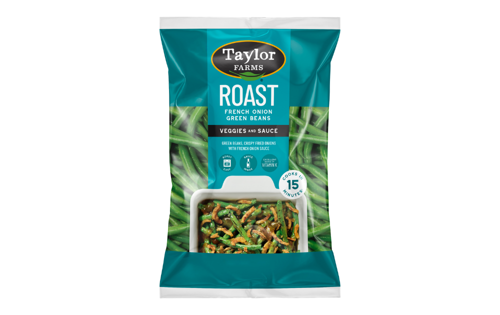 The Taylor Farms French Onion Green Beans Roast Kit package, showing whole green beans, French onion sauce, and crispy fried onions.