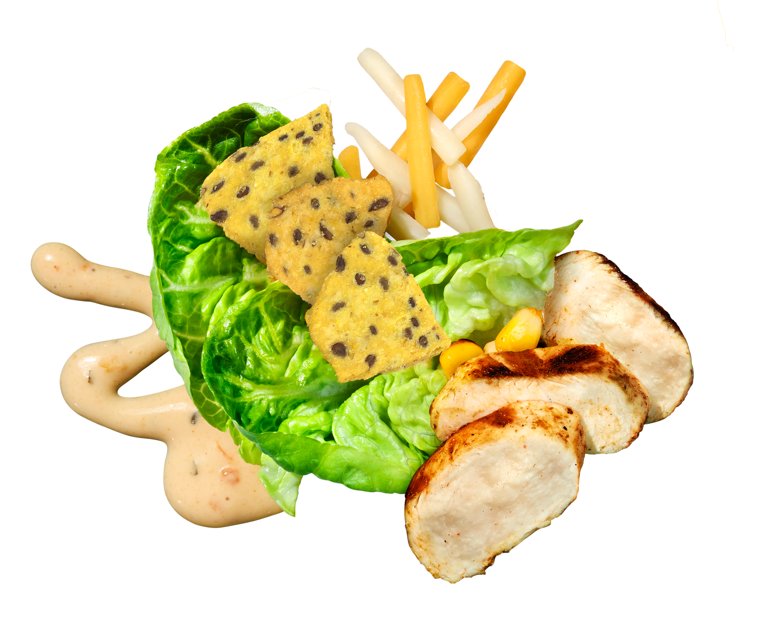 The elements of the Tex Mex Crunch Salad bowl: chicken breast, corn chips, cheese shreds, and crisp lettuce