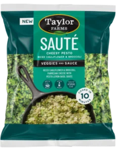 Cheesy Pesto Riced Cauliflower and Broccoli Sauté Kit by Taylor Farms, showcasing colorful ingredients in a fresh, healthy dish.