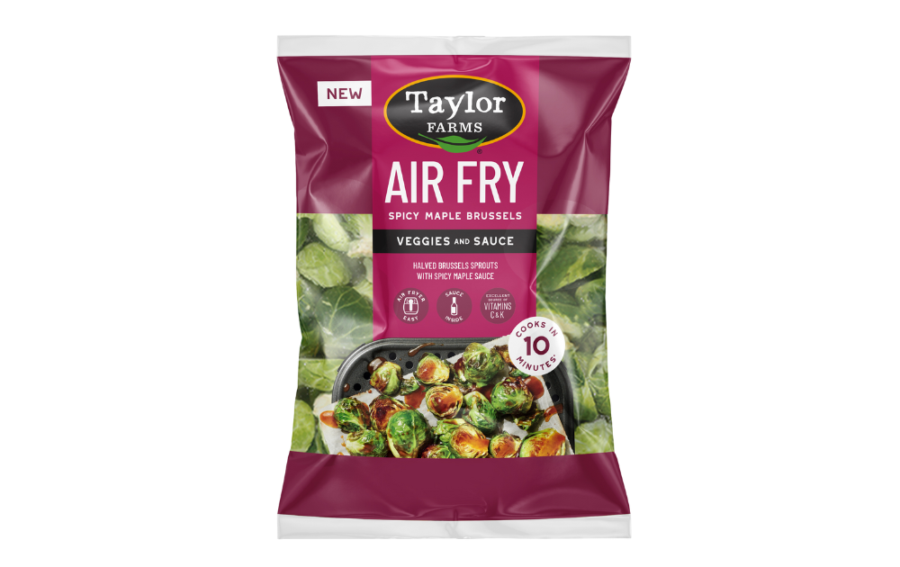 The Taylor Farms Air Fry Spicy Maple Brussels package, showing halved Brussels sprouts and spicy maple sauce.