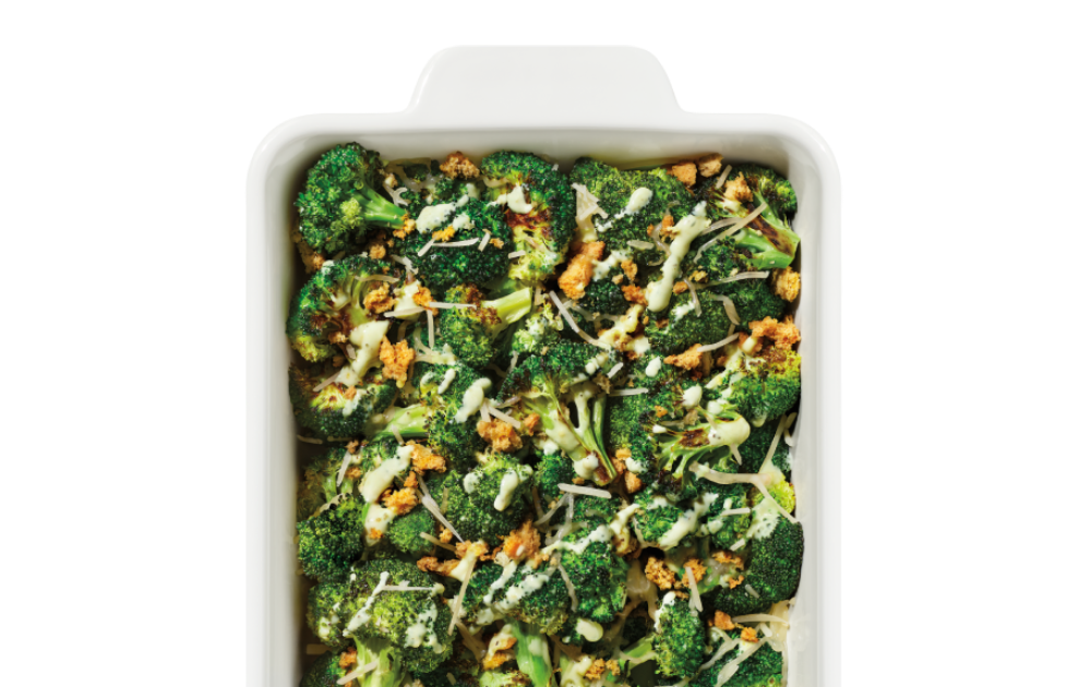 The Taylor Farms package showing raw broccoli florets and an image of a prepared version of this dish with toasted breadcrumbs, parmesan cheese, and Caesar sauce.