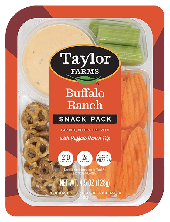 The Taylor Farms Buffalo Ranch Snack Pack package, showing pretzels, carrot chips, celery bites, and the Buffalo Ranch Dip.