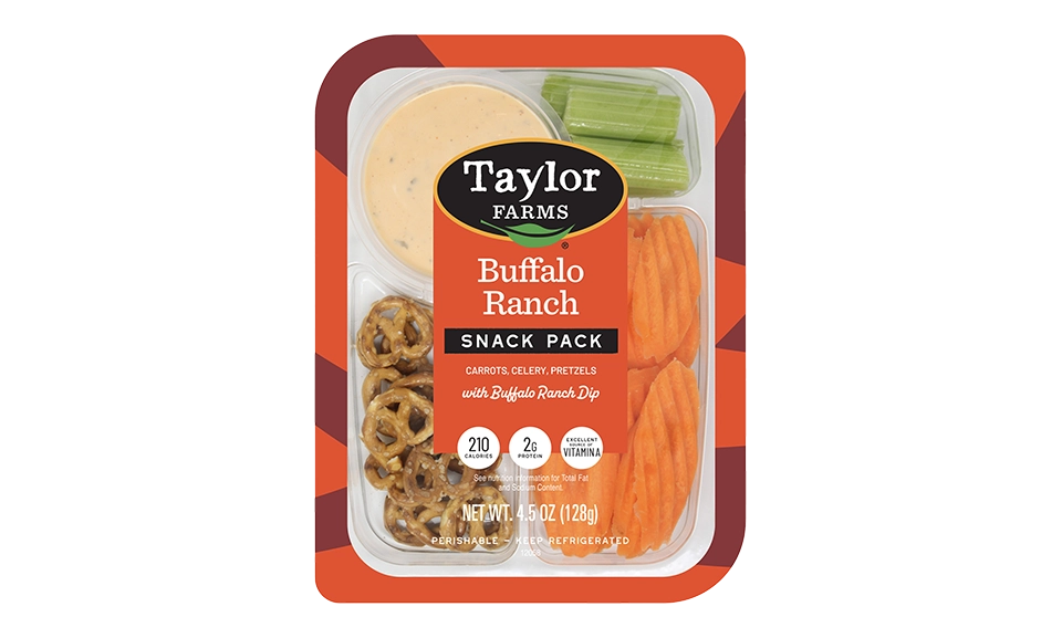 The Taylor Farms Buffalo Ranch Snack Pack package, showing pretzels, carrot chips, celery bites, and the Buffalo Ranch Dip.