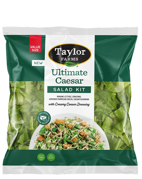 Ultimate Caesar Salad Kit by Taylor Farms with lettuce, croutons, and dressing in a convenient package.