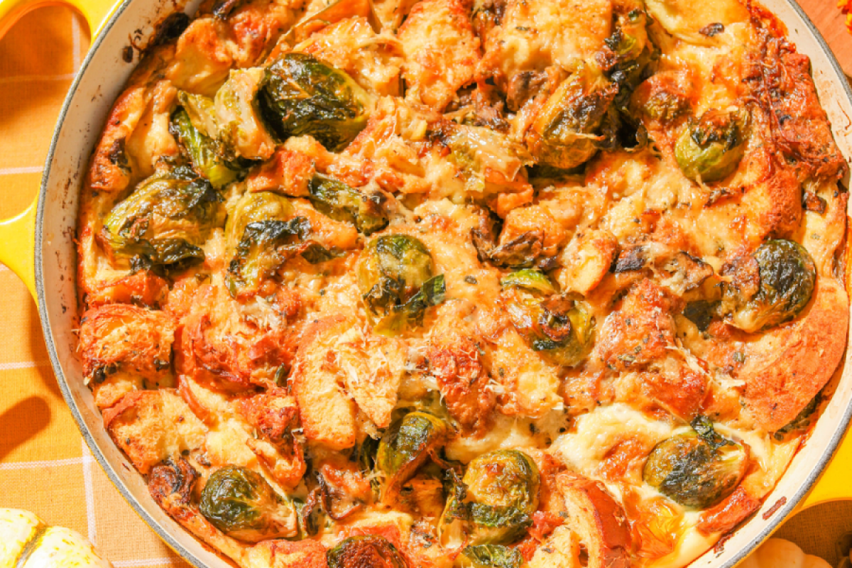 Cheesy Brussels Sprouts Bread Pudding