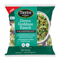 The Taylor Farms Green Goddess Ranch Mini Chopped Salad Kit package, showing red and savoy cabbage, green leaf lettuce, shredded broccoli, carrots, green onions, cheese and garlic crouton crumbles, and Green Goddess Ranch dressing.