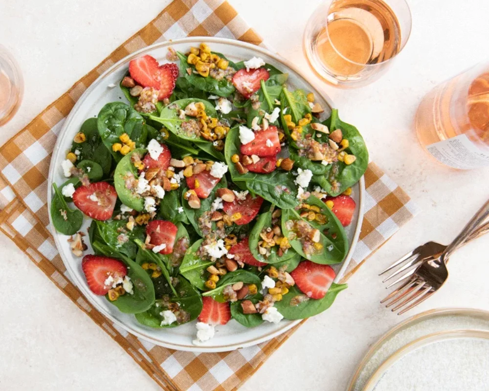 Summer Spinach Salad with Grilled Corn, Strawberries, and Feta