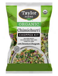 The Organic Chimichurri Chopped Salad Kit package with green leaf lettuce, organic green & red cabbage, broccoli, cauliflower, chicory, carrots, kale, toasted quinoa & sliced almonds, with chimichurri vinaigrette