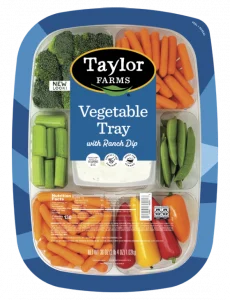 Delicious 36oz vegetable tray from Taylor Farms with fresh, colorful veggies and a convenient lidded film top.