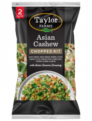 The Taylor Farms Asian Cashew Chopped Salad Kit package, showing cabbage, green cabbage, romaine, carrots, celery, wonton strips, sesame seeds, cashews, almonds, cilantro, and Asian sesame dressing.