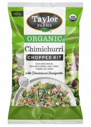 The Organic Chimichurri Chopped Salad Kit package with green leaf lettuce, organic green & red cabbage, broccoli, cauliflower, chicory, carrots, kale, toasted quinoa & sliced almonds, with chimichurri vinaigrette