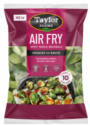 The Taylor Farms Air Fry Spicy Maple Brussels package, showing halved Brussels sprouts and spicy maple sauce.