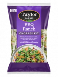 The BBQ Ranch Chopped Salad kit package, showing chopped romaine lettuce, broccoli, and cabbage topped with smoky bacon and creamy BBQ ranch dressing.