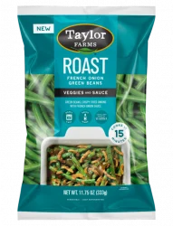 The Taylor Farms French Onion Green Beans Roast Kit package, showing whole green beans, French onion sauce, and crispy fried onions.