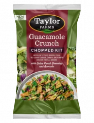 The Guacamole Crunch Chopped Salad Kit package, showing green leaf lettuce, shredded broccoli, red & savoy cabbage, carrots, and green onion, which are topped off with real guacamole, salsa picante dressing, and chili lime tortilla chips.