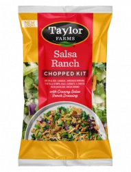 The Salsa Ranch Chopped Salad Kit package, showing romaine lettuce, red and green cabbage, kale, carrots, and green onions, which are topped off with shredded cheese, tortilla strips, and a salsa ranch dressing.